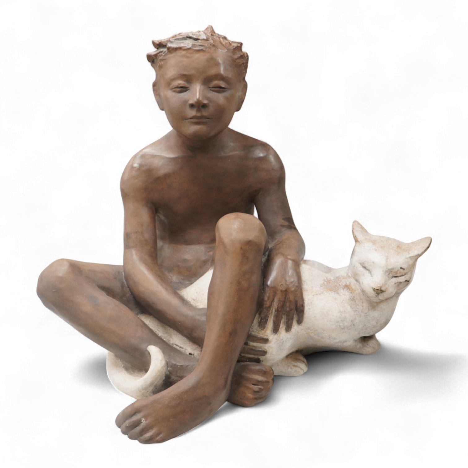 A contemporary composition figure of a seated boy and a cat, 46cm